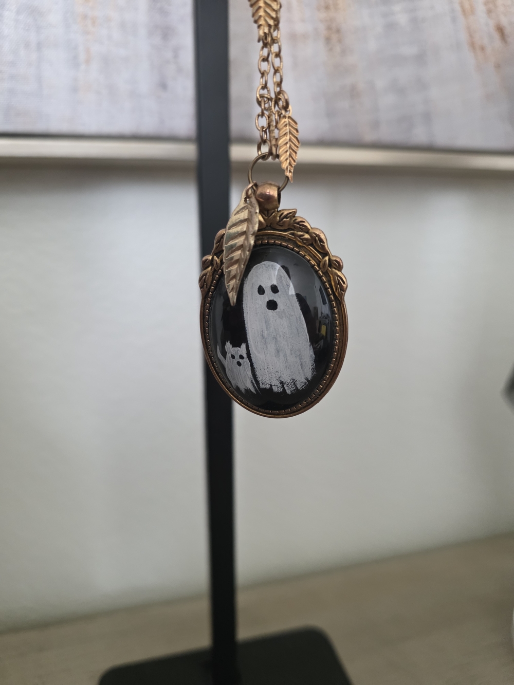 Antique Gold Ghost Pendant Necklace White Ghost Design - Picture 3 of 8